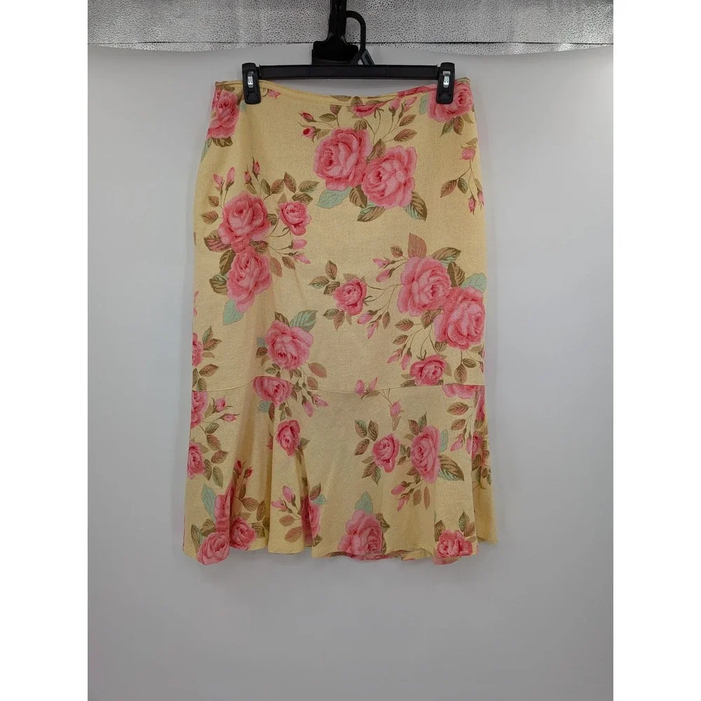 Boho Cottagecore Y2K 90s Yellow Pink Rose Floral LinenBlend‎ Blazer/Skirt 14 Set